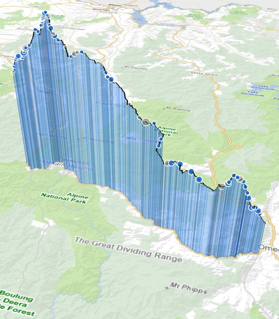 Road grade × crashes, Great Alpine Road (3D, vertical exaggeration). Basemap © State of Victoria (Vicmap).
